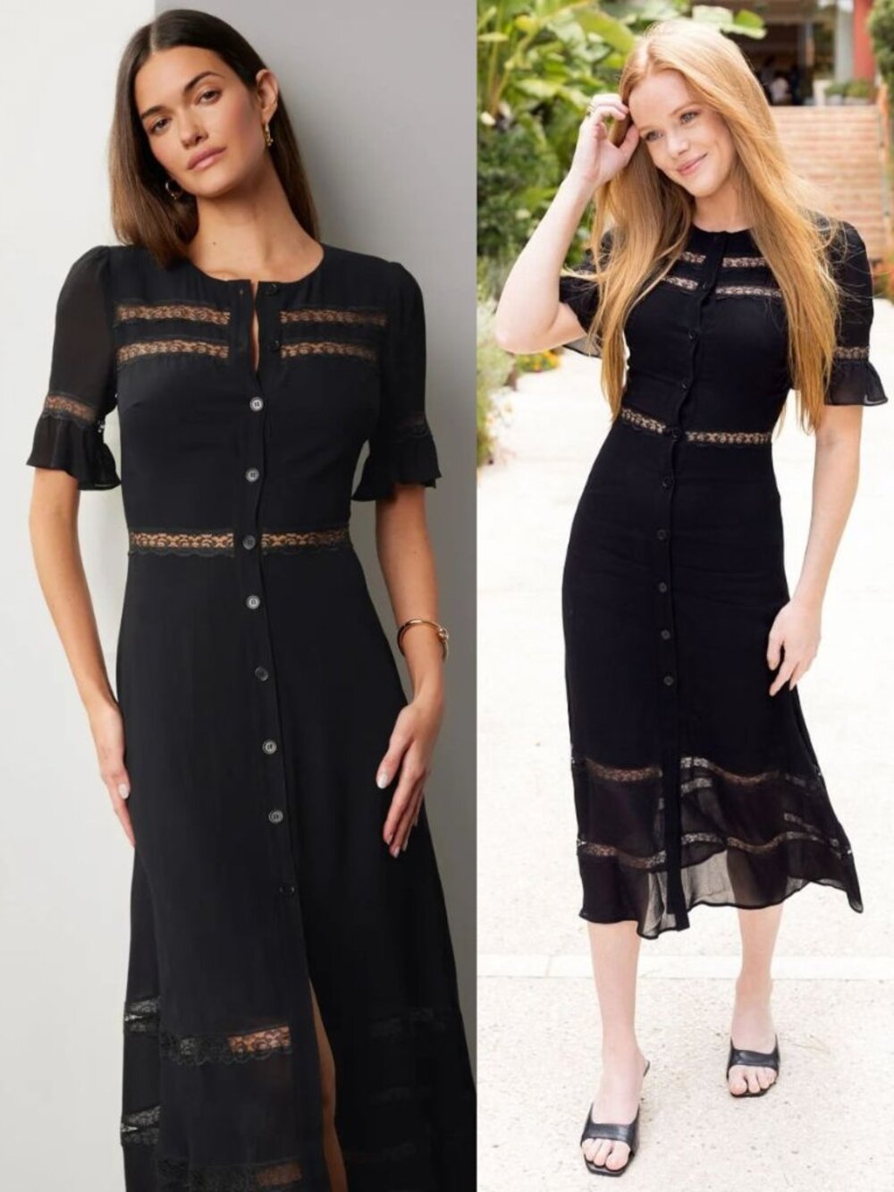 Reformation Woodson Dress Black Lace Trim Button Down Midi Size 2